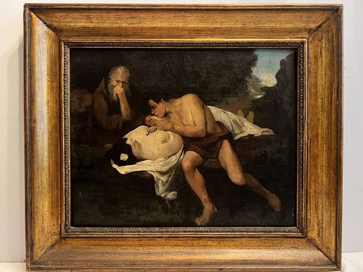 Tableau Scène de jeune Chactas et le Pére Pahaum penchés sur le Corps d'Atala Tenant le Crucifi