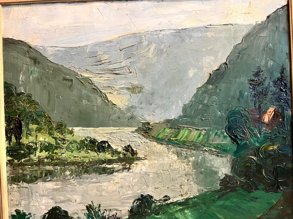 Landscape Painting  Signed  Anselm  Fred  Located In Hirschhorn  Oil On Canvas. -photo-2