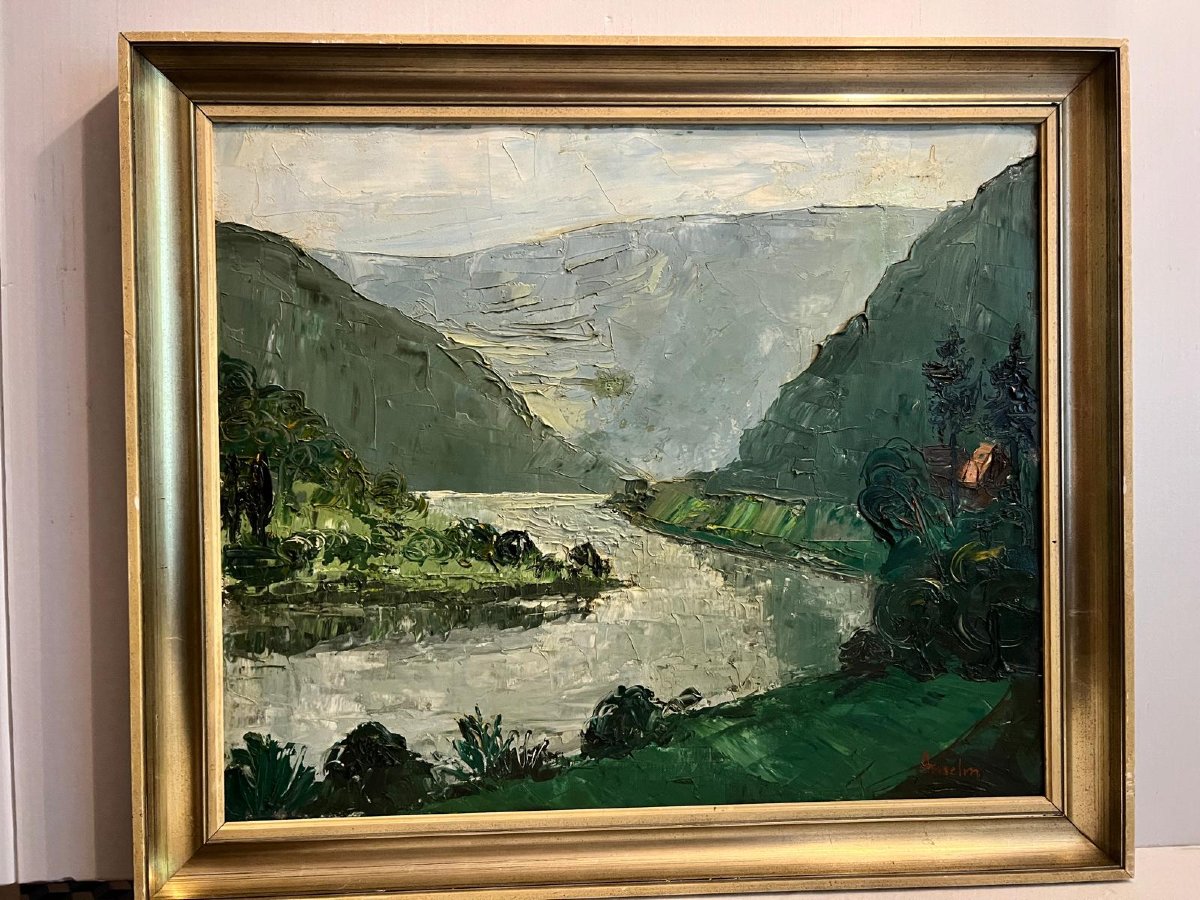 Landscape Painting  Signed  Anselm  Fred  Located In Hirschhorn  Oil On Canvas. 