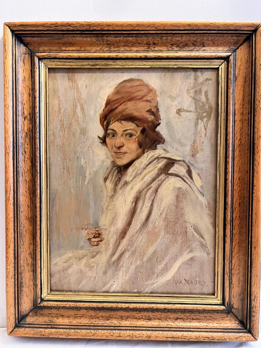Painting: Portrait Of A Young Man. Signed Max Rabes (1868–1944). Oil On Wood. 