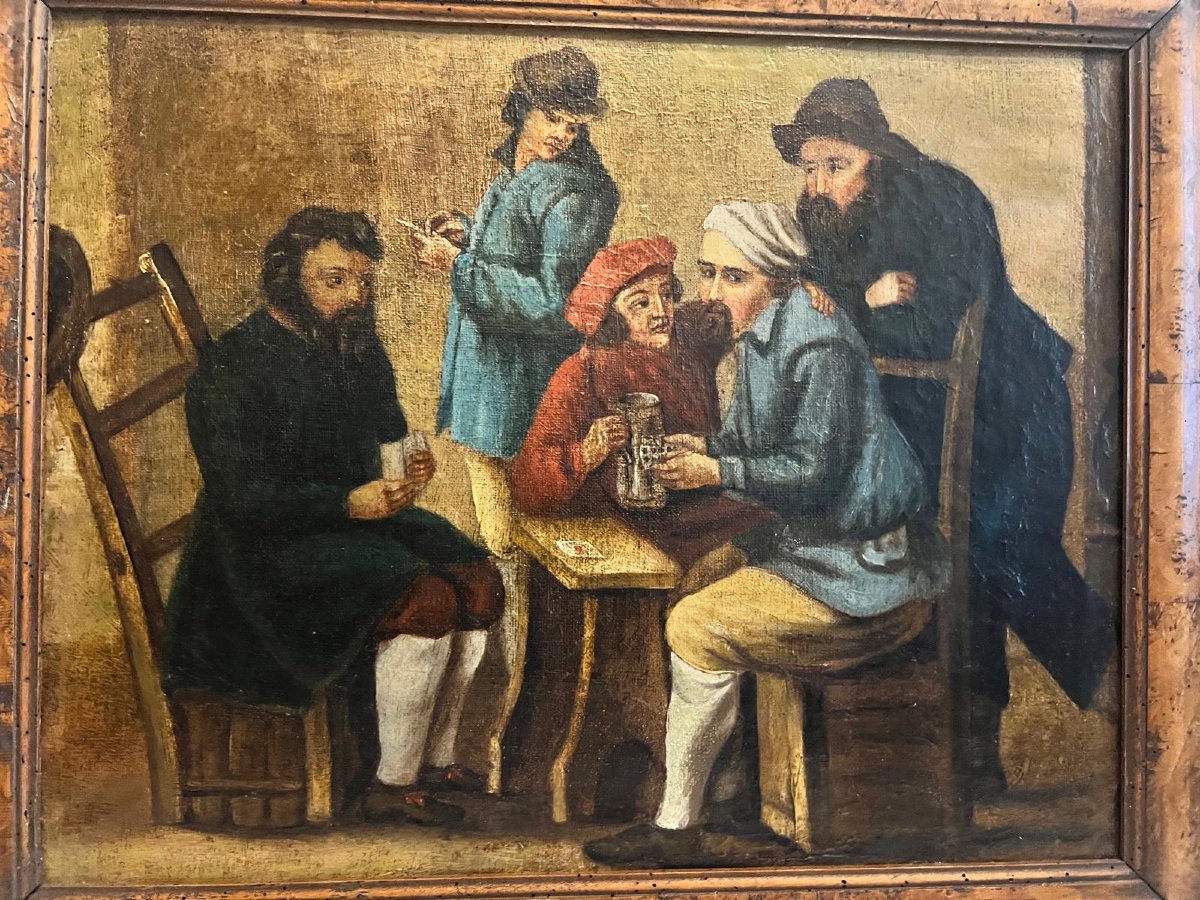 Tableau les joueurs des Cartes  Reentoilée très beau Cadre Huile sur toile. -photo-2
