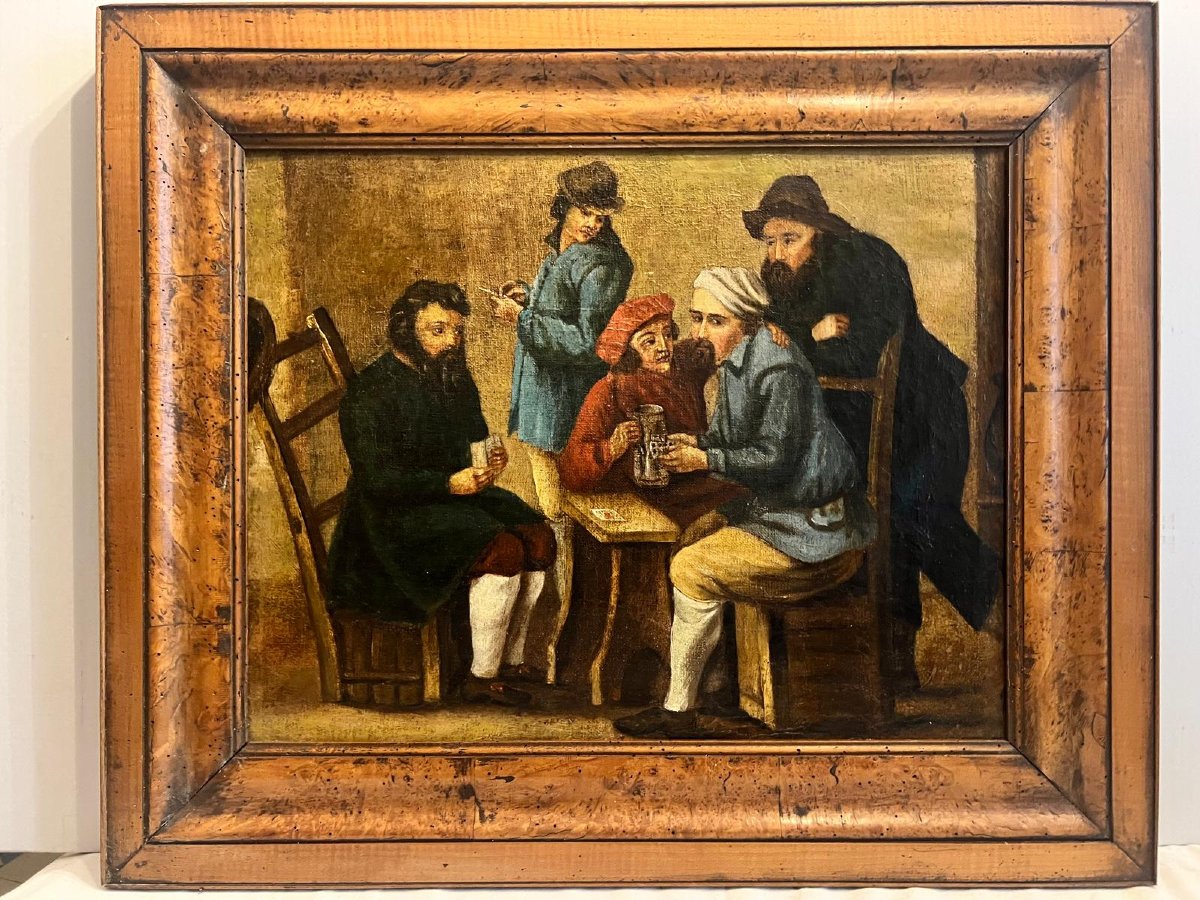 Tableau les joueurs des Cartes  Reentoilée très beau Cadre Huile sur toile. 