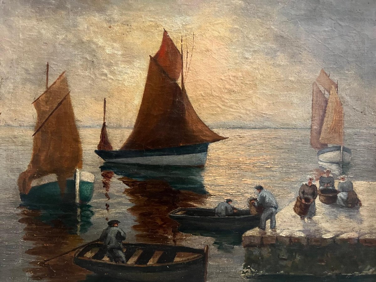 Tableau  Pêcheur en Bretagne Signé Illisible Huile sur Toile. -photo-3