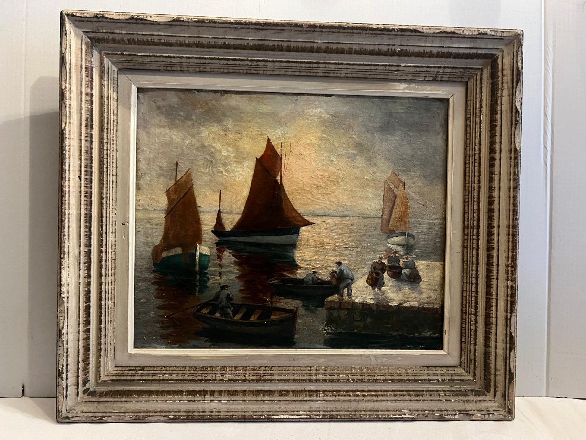 Tableau  Pêcheur en Bretagne Signé Illisible Huile sur Toile. -photo-1
