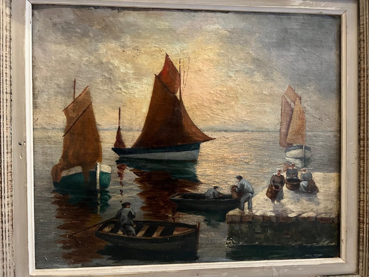 Tableau  Pêcheur en Bretagne Signé Illisible Huile sur Toile. 