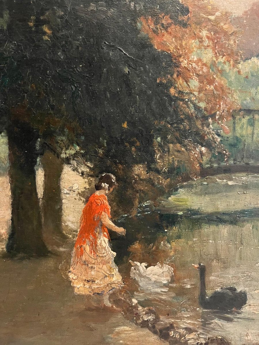 Tableau Promenade dans le Parc à  Sévilla Signé  Manfred  Hausman 1892-1955 Huile sur toile. -photo-2