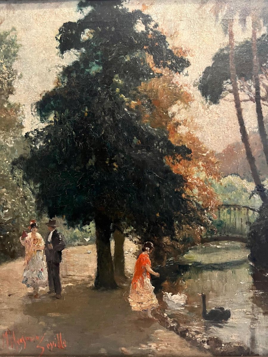 Tableau Promenade dans le Parc à  Sévilla Signé  Manfred  Hausman 1892-1955 Huile sur toile. -photo-4