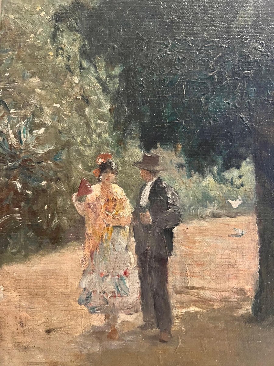 Tableau Promenade dans le Parc à  Sévilla Signé  Manfred  Hausman 1892-1955 Huile sur toile. -photo-1