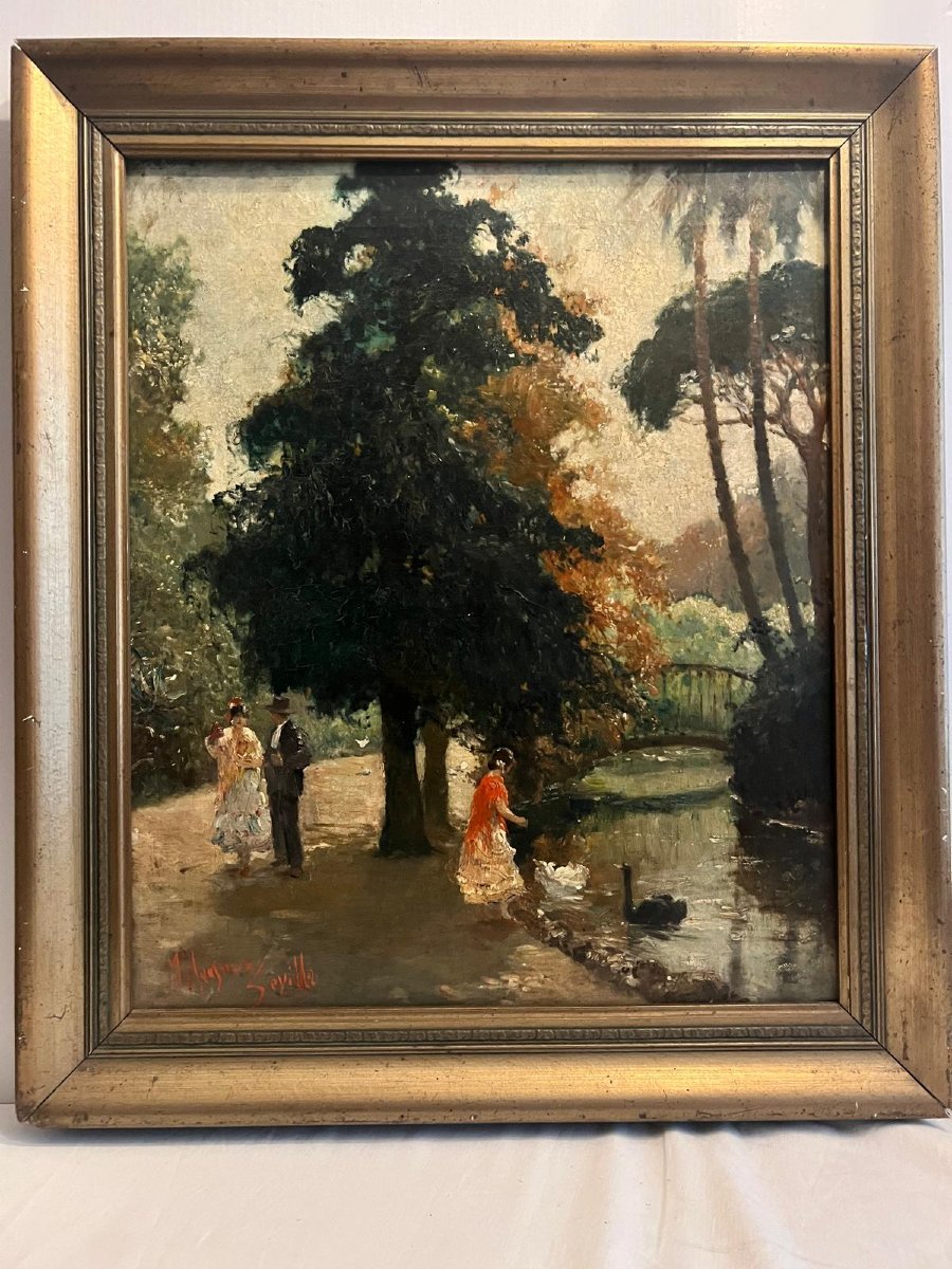Tableau Promenade dans le Parc à  Sévilla Signé  Manfred  Hausman 1892-1955 Huile sur toile. 
