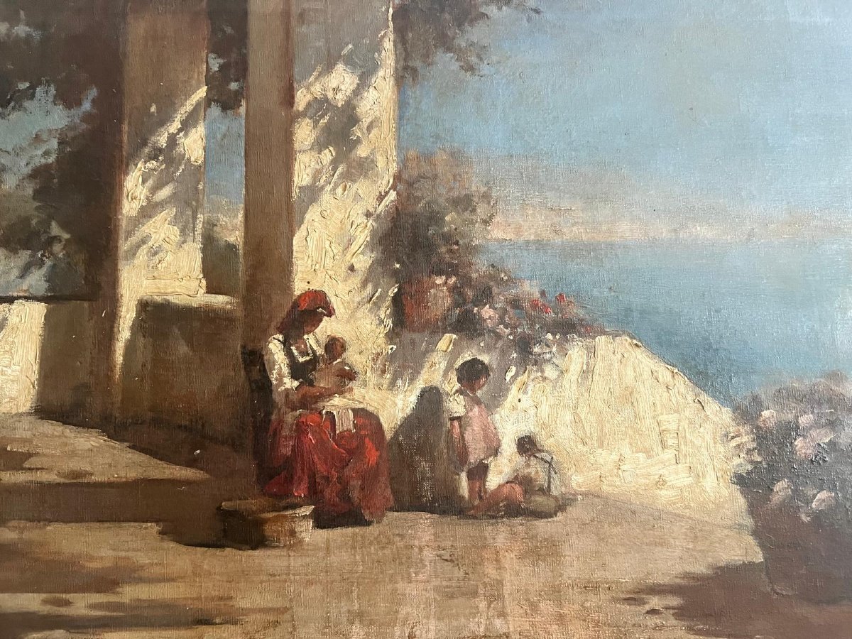 Animated Landscape Painting: Italian School—woman With Two Children By The Sea. 