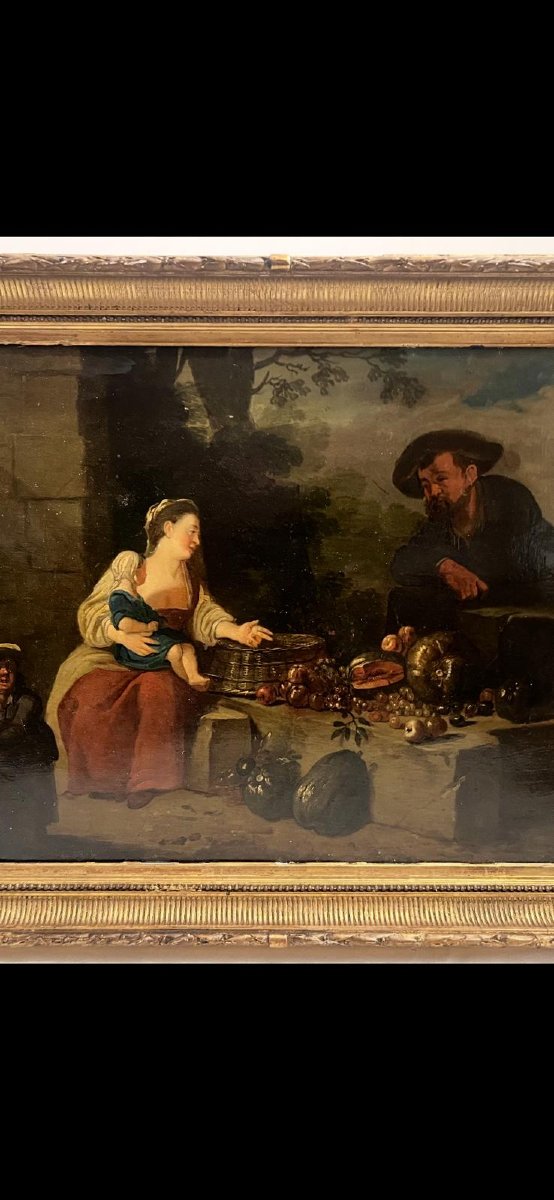 Painting: *woman Selling Fruit*, 18th Century, Oil On Metal. -photo-2