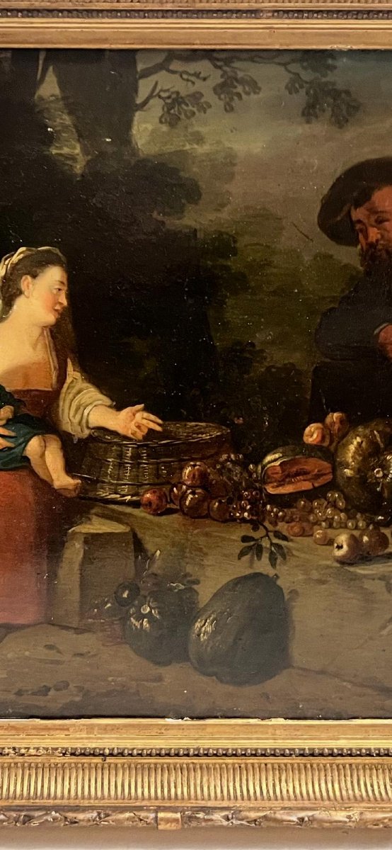 Painting: *woman Selling Fruit*, 18th Century, Oil On Metal. -photo-3