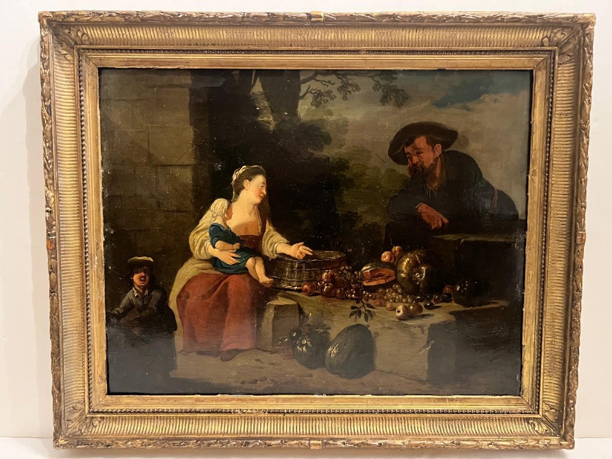 Painting: *woman Selling Fruit*, 18th Century, Oil On Metal. 