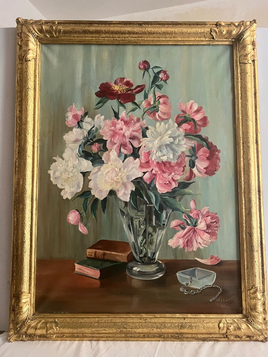Painting: *vase Of Flowers* By Y. Cherier, 1943, In Very Good Condition, Oil On Canvas. 