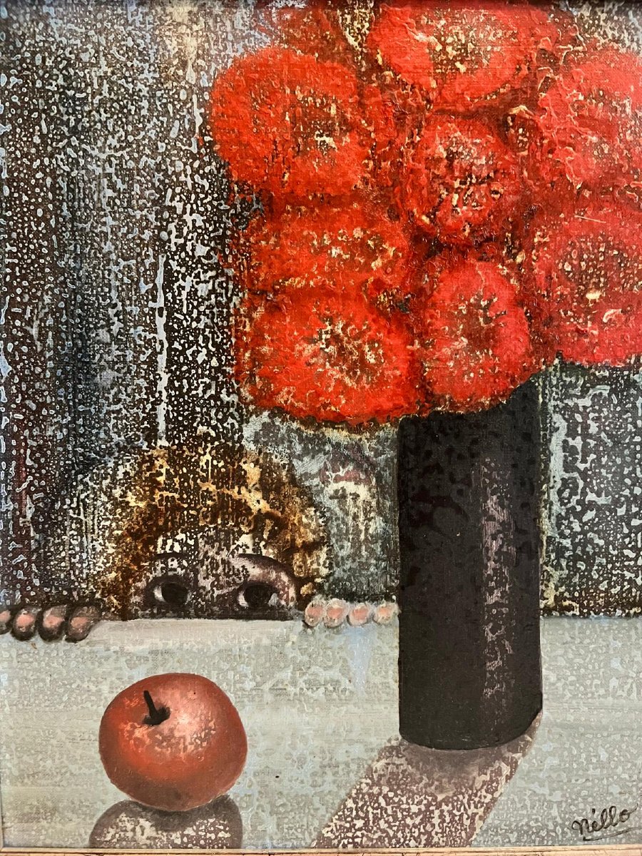 Tableau  Le  Bouquet et la Pomme Rouge Signé Nillo 1984  QUIBERON. -photo-2
