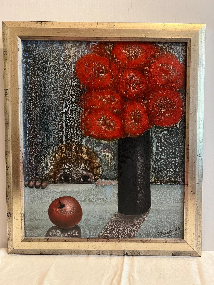 Tableau  Le  Bouquet et la Pomme Rouge Signé Nillo 1984  QUIBERON. 