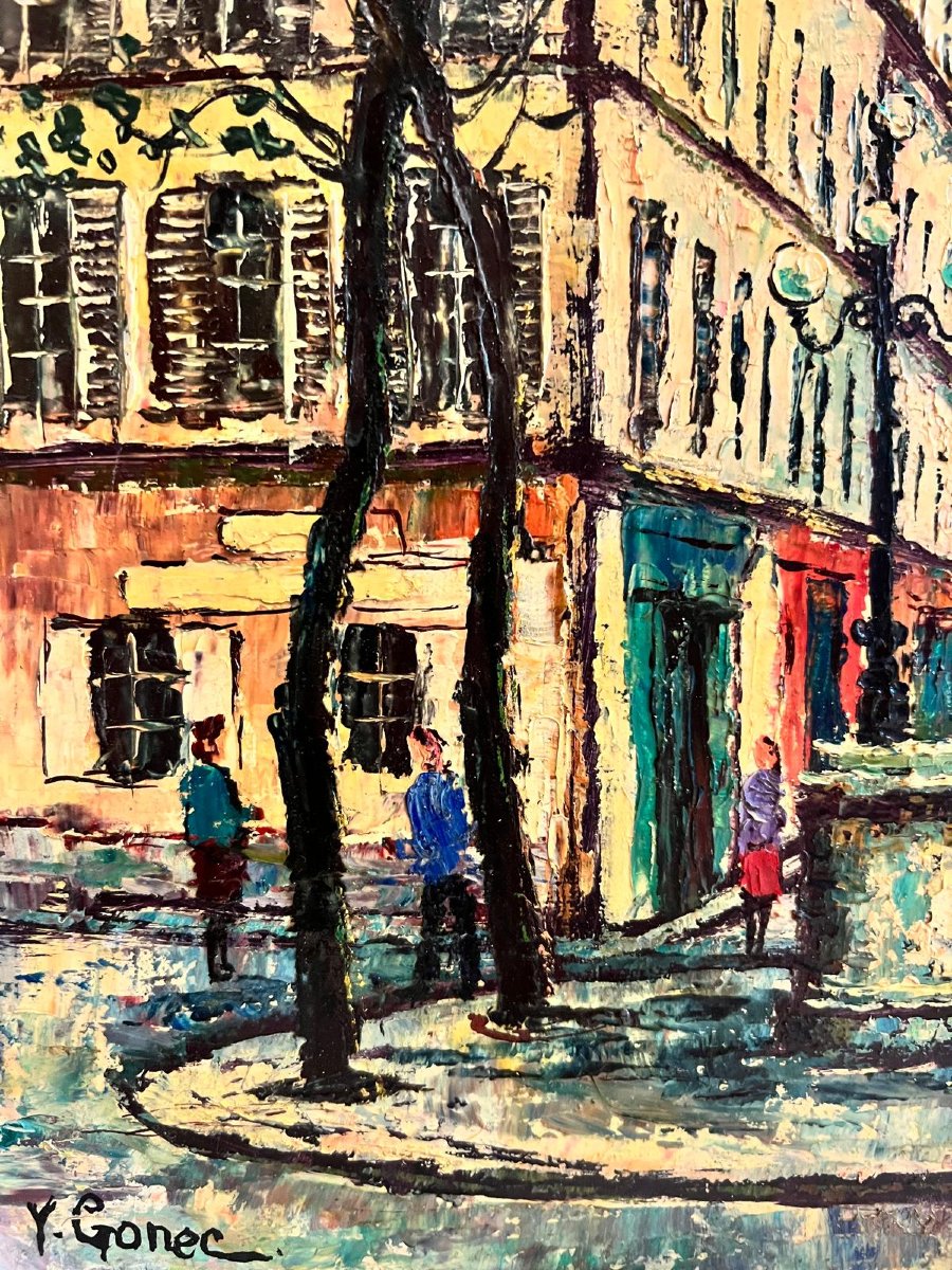 Painting: "rue De Montmartre," Signed Y. Gonec, Oil On Canvas. -photo-2