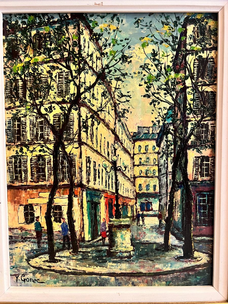 Painting: "rue De Montmartre," Signed Y. Gonec, Oil On Canvas. -photo-4