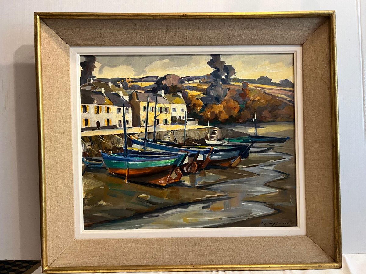 Tableau  Barques à quai Signé  Georges Lygrisse 1914-2002.-photo-3