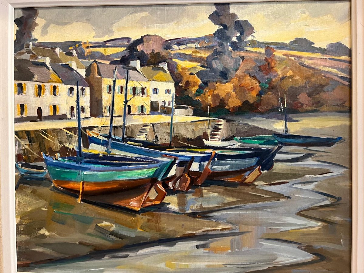 Tableau  Barques à quai Signé  Georges Lygrisse 1914-2002.