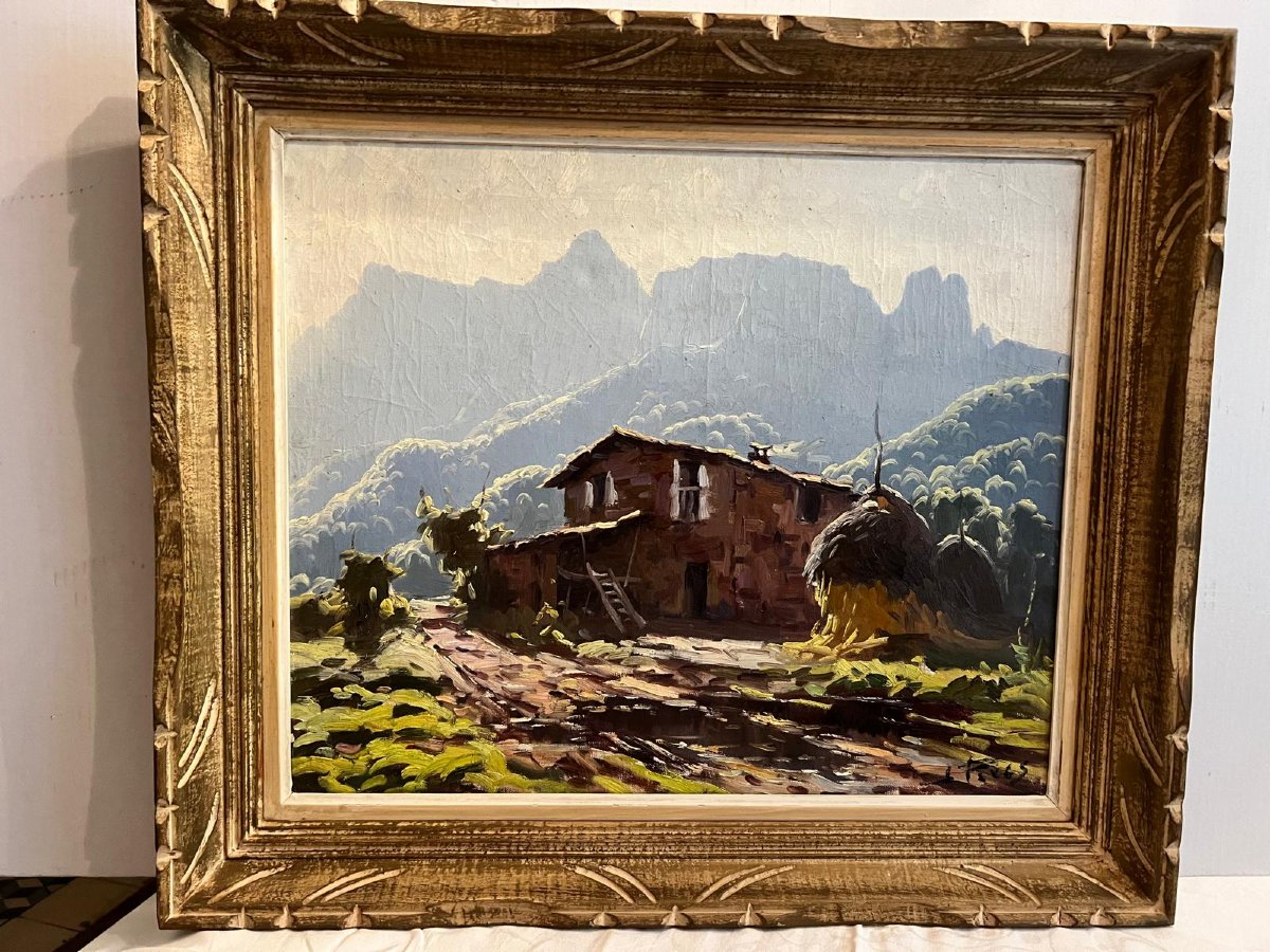 Painting: Farm And Mountain Landscape; Signature Illegible. -photo-2