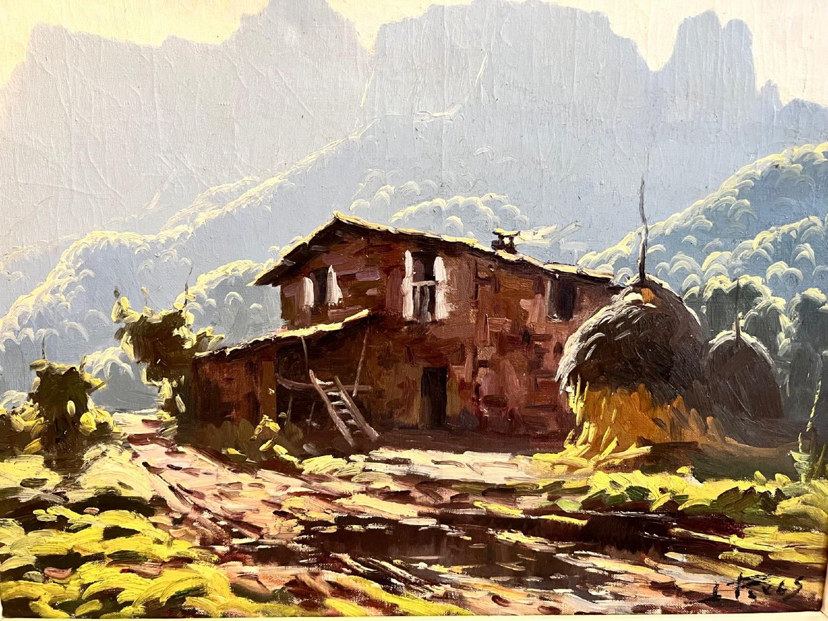 Painting: Farm And Mountain Landscape; Signature Illegible. -photo-4