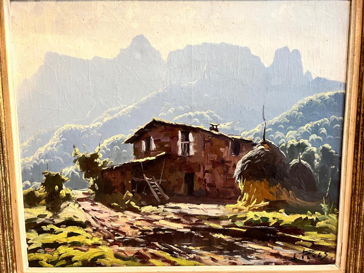 Painting: Farm And Mountain Landscape; Signature Illegible. 