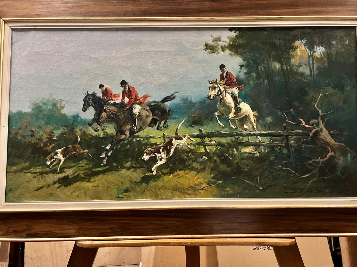 Tableau Polonais Chasse à Cour Signé Kossak Carol Huile sur Toile. -photo-2