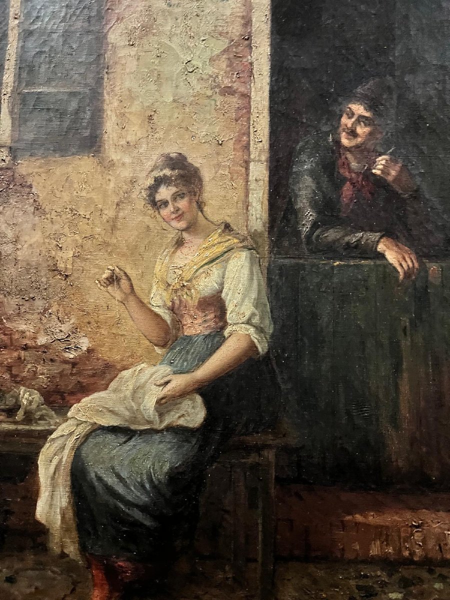 Tableau Signé A. SECOLA,  La Repriseuse près de l'auberge Huile sur toile. -photo-2