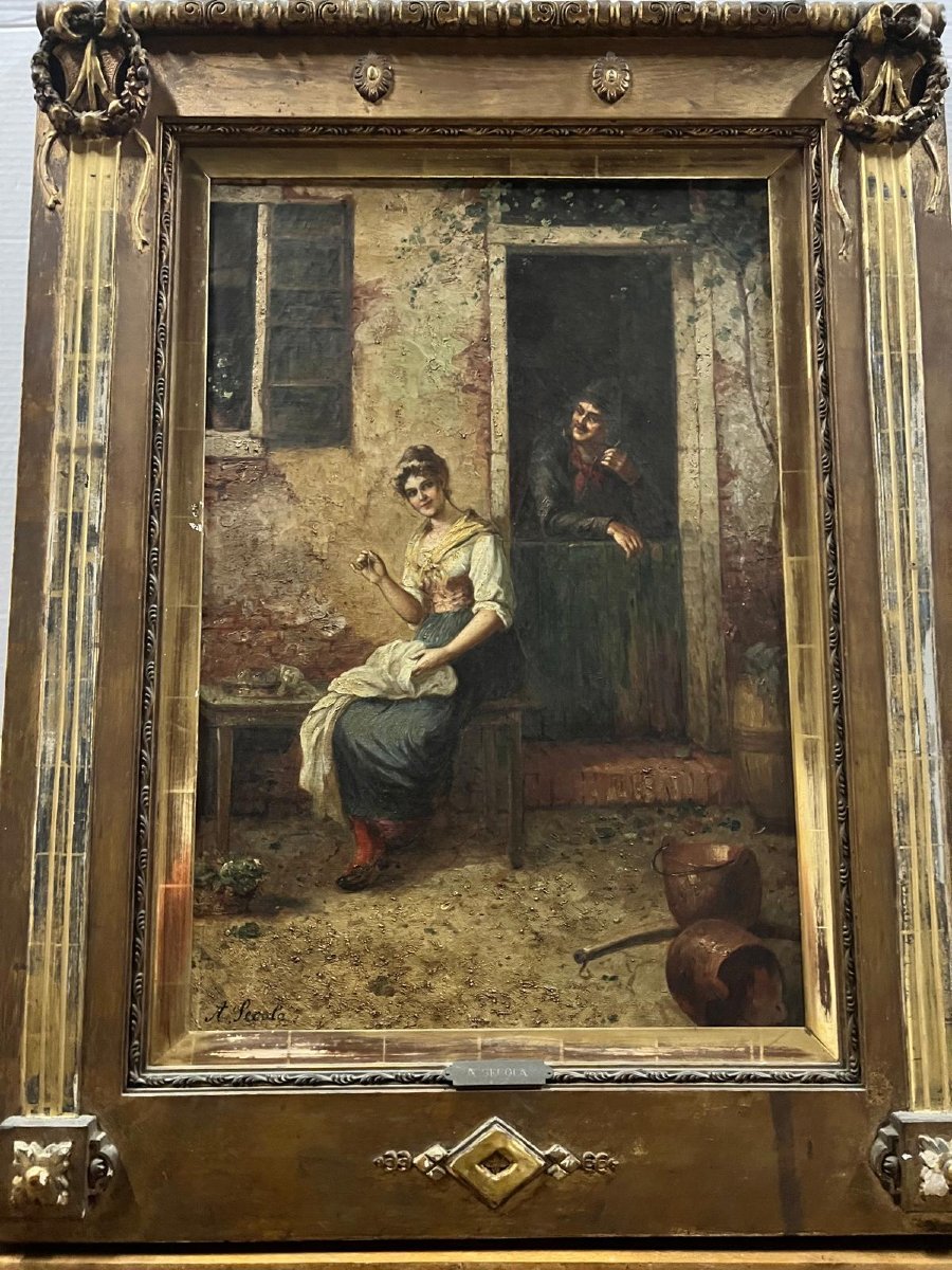 Tableau Signé A. SECOLA,  La Repriseuse près de l'auberge Huile sur toile. -photo-4