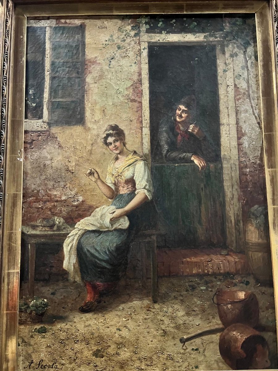 Tableau Signé A. SECOLA,  La Repriseuse près de l'auberge Huile sur toile. -photo-1