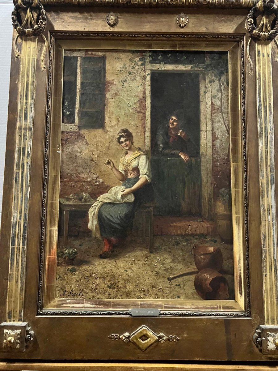 Tableau Signé A. SECOLA,  La Repriseuse près de l'auberge Huile sur toile. 