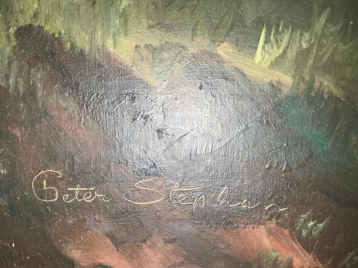 Tableau grand Paysage des Montagnes avec Berger Signé  Peter  Stéphane Huile sur toile. -photo-2