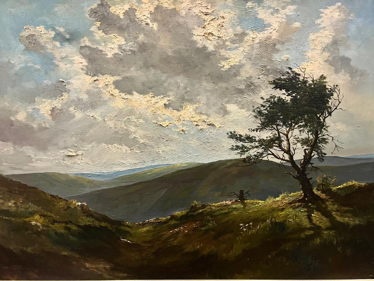 Tableau grand Paysage des Montagnes avec Berger Signé  Peter  Stéphane Huile sur toile. -photo-3
