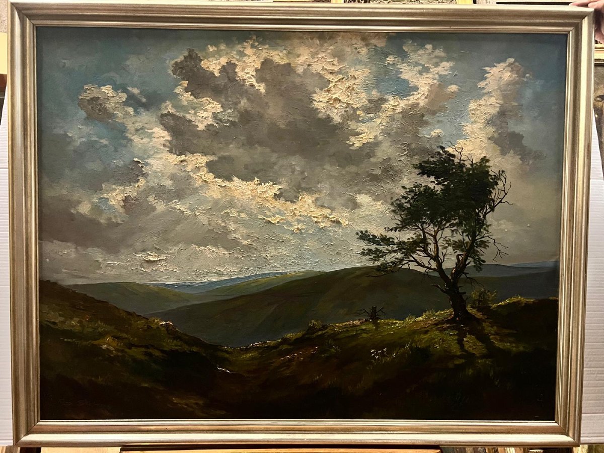 Tableau grand Paysage des Montagnes avec Berger Signé  Peter  Stéphane Huile sur toile. 