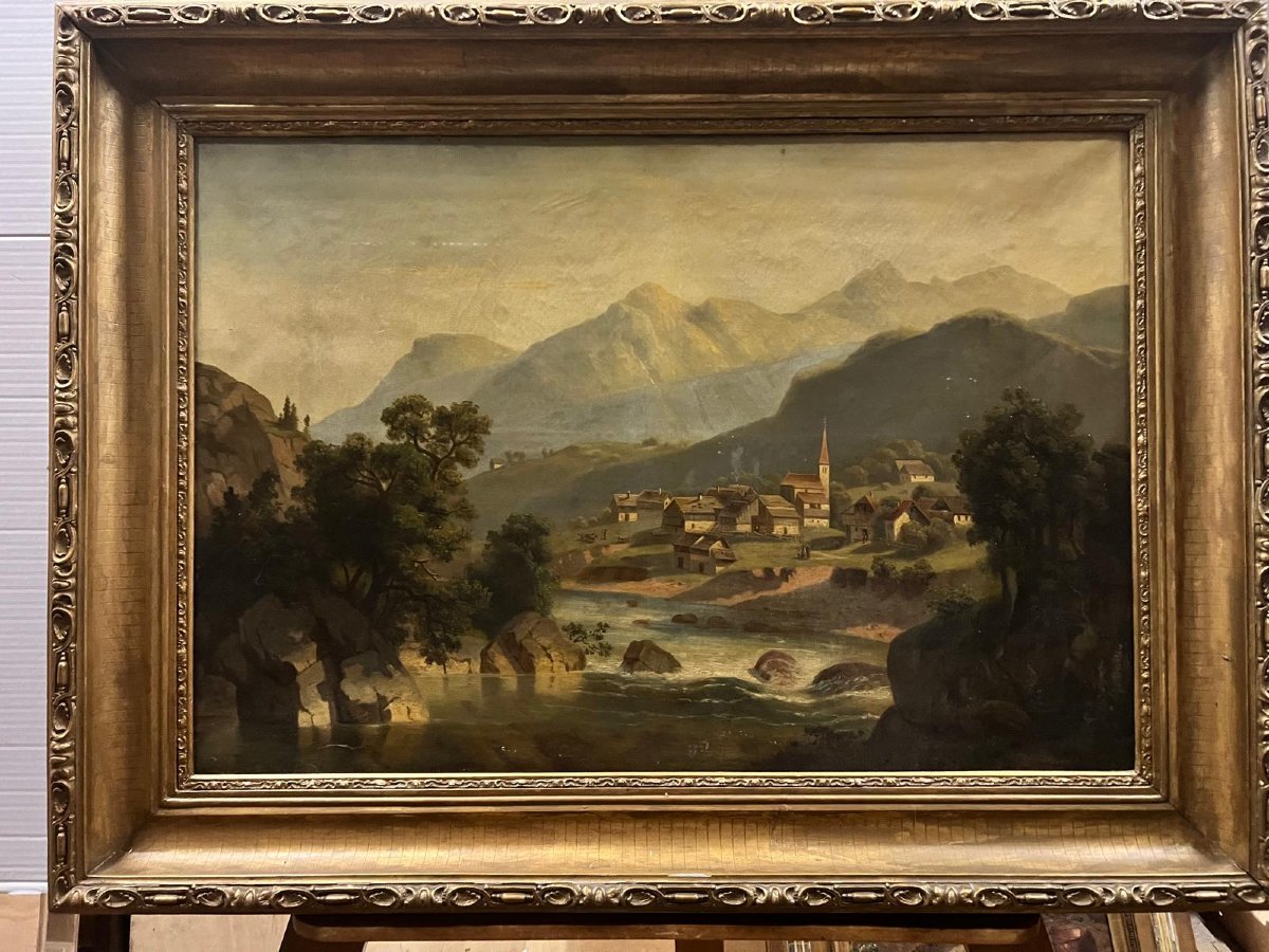 Tableau École Allemande Village dans la Montagnes Amsteg Suisse Signé Ruth  Janssen Dusseldorf