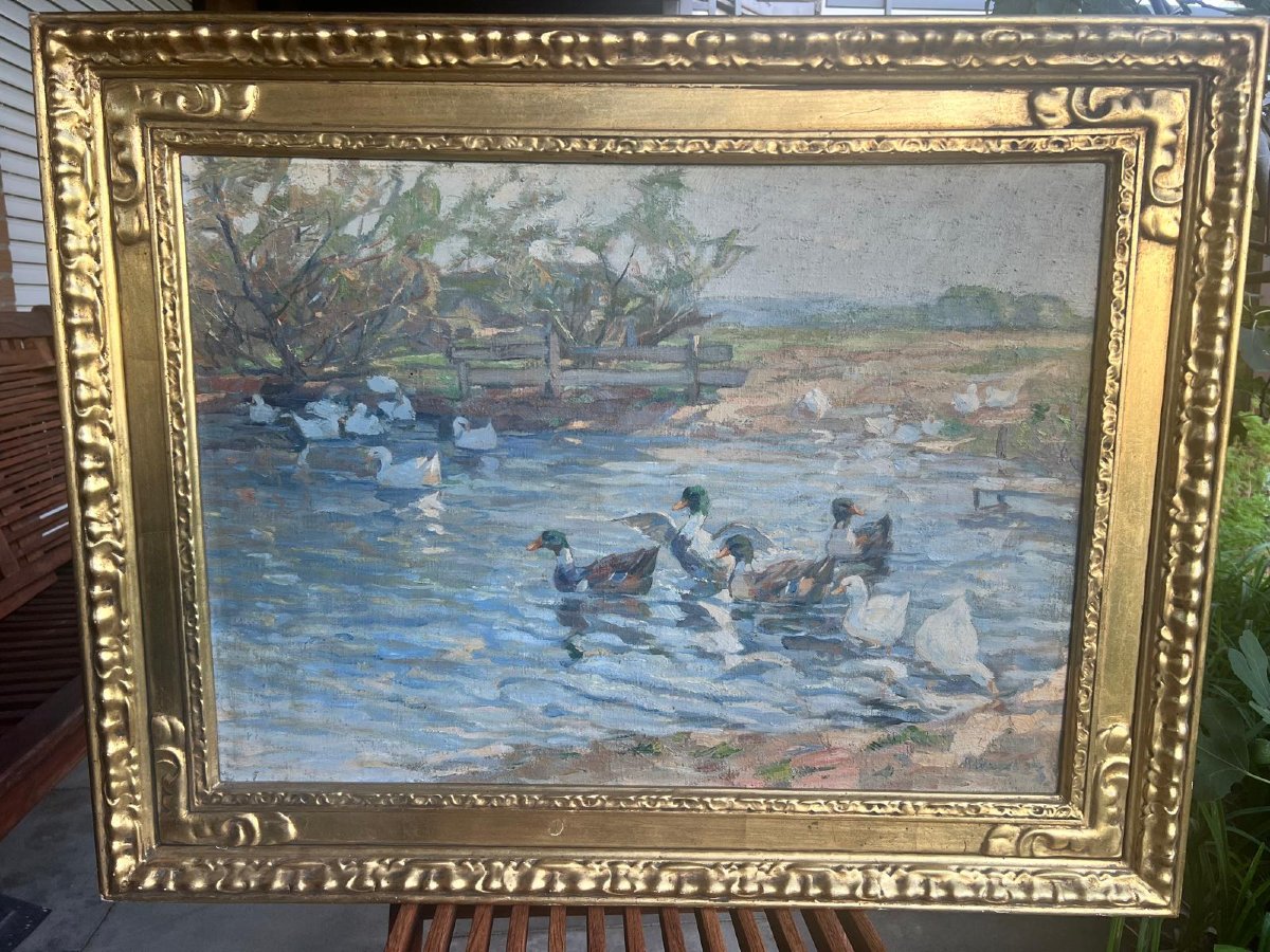 Tableau  Mare à Canards Signé Illisible  50 x  70 Huile sur  Toile  Signé Illisible -photo-3