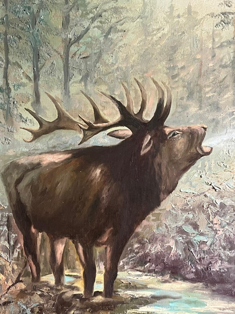 Tableau  sous bois, Cerfs et Biches pendant le Brame, Signé Illisible. -photo-4