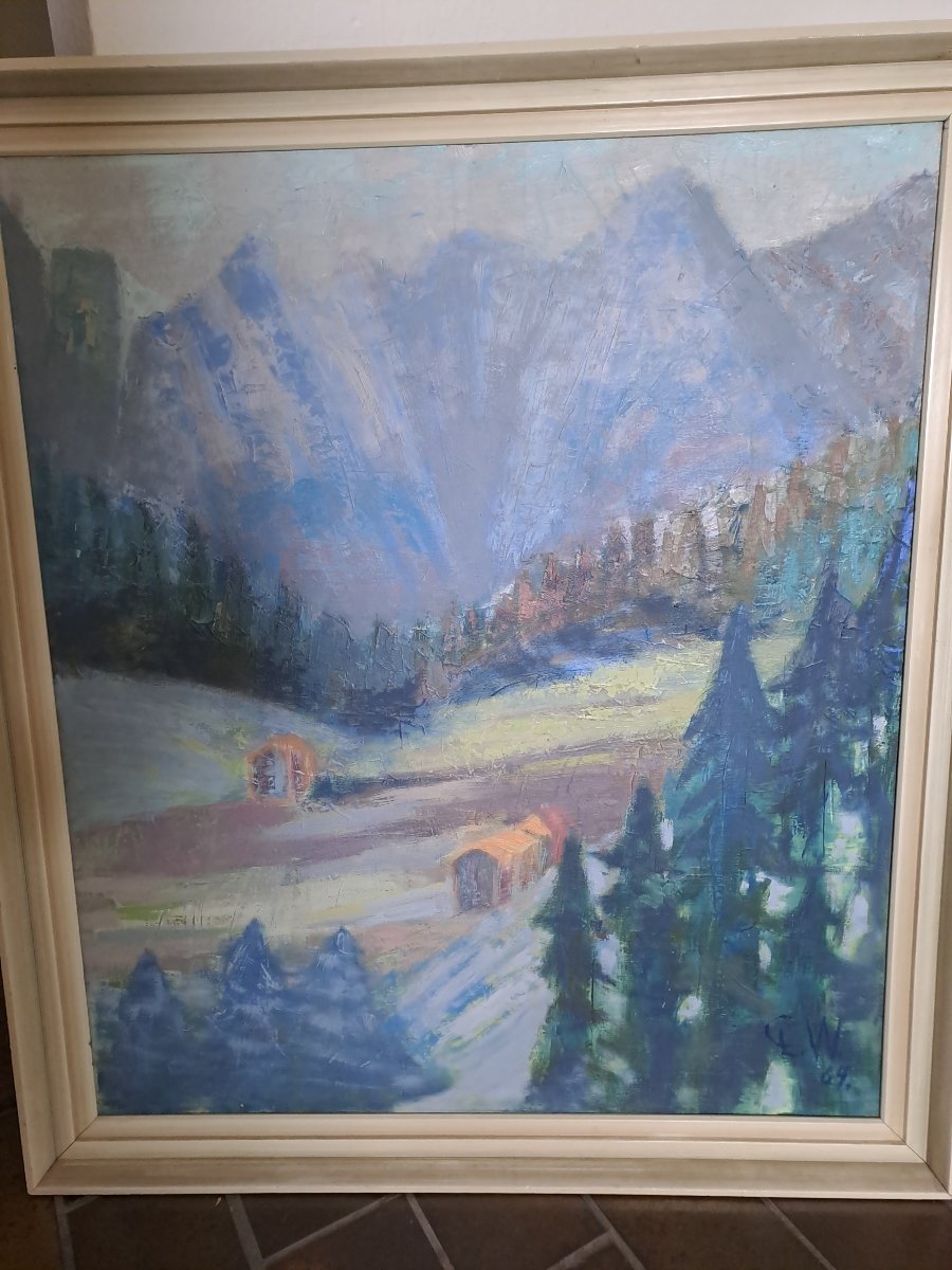 Tableau  Paysage Montagnes avec Vallée arboisee de sapins Huile sur toile. -photo-4