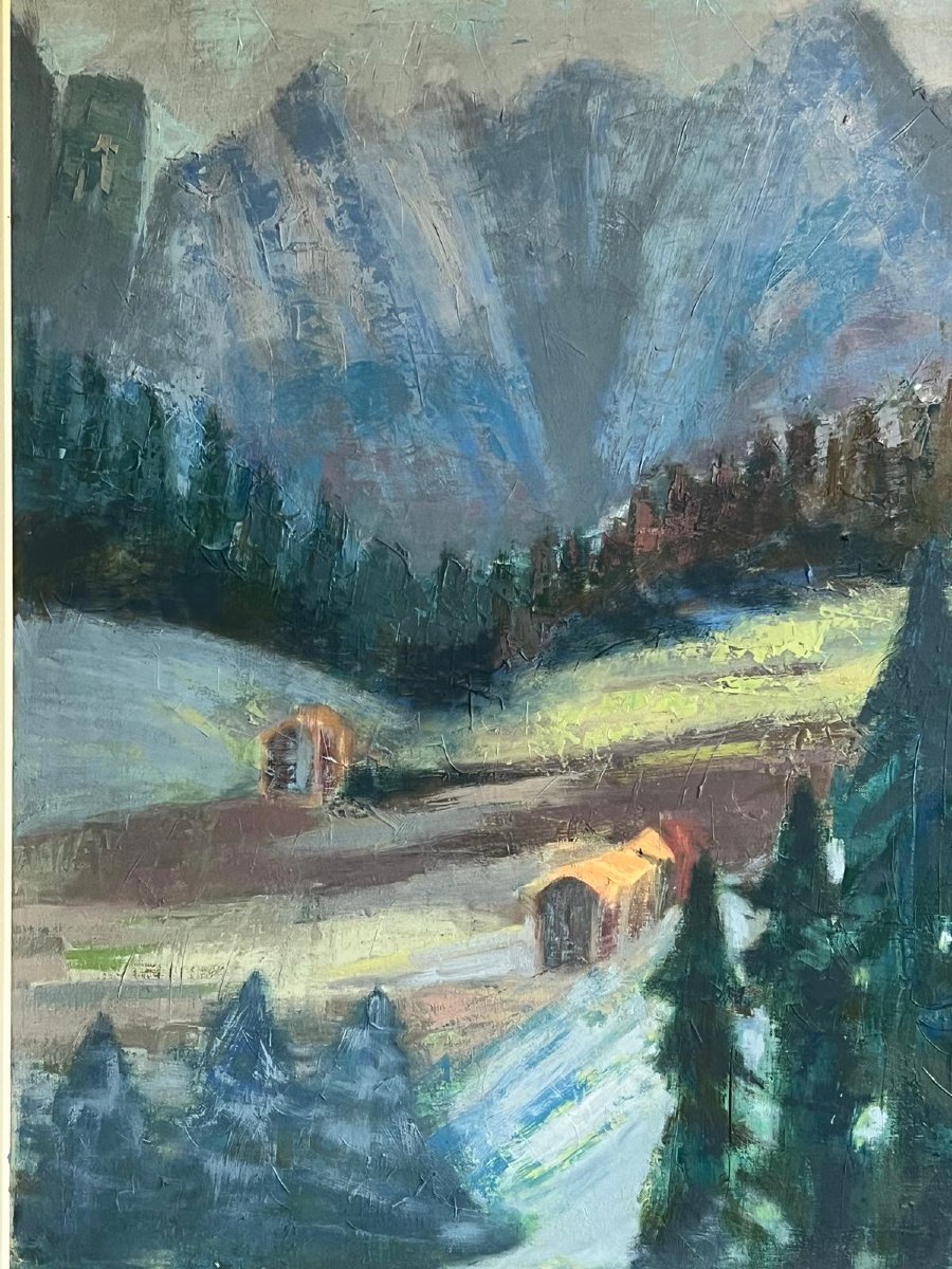 Tableau  Paysage Montagnes avec Vallée arboisee de sapins Huile sur toile. -photo-1
