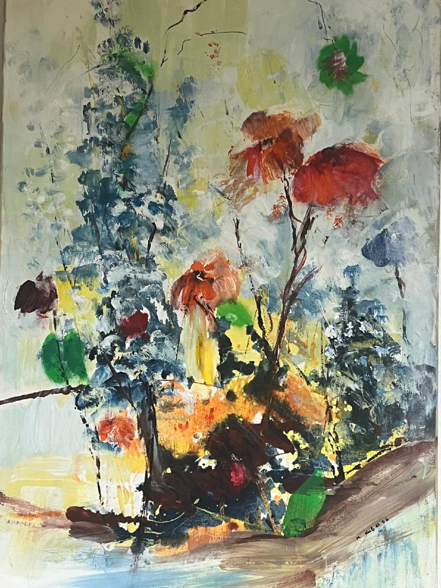Tableau Signé Martha Huber Vase de Fleurs École Autriche Huile sur toile. 