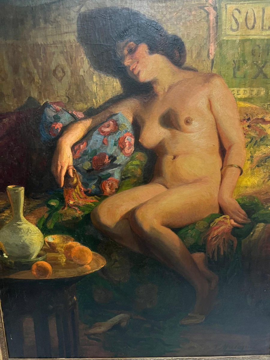 Tableau Signé Claire Maliquet  Nú dégustant les Fruits Huile sur toile. -photo-3