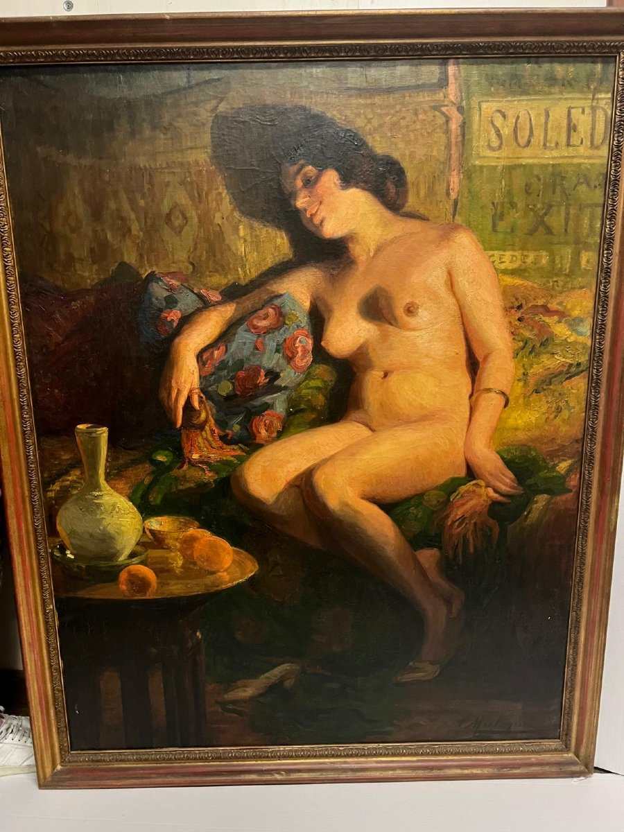 Tableau Signé Claire Maliquet  Nú dégustant les Fruits Huile sur toile. 