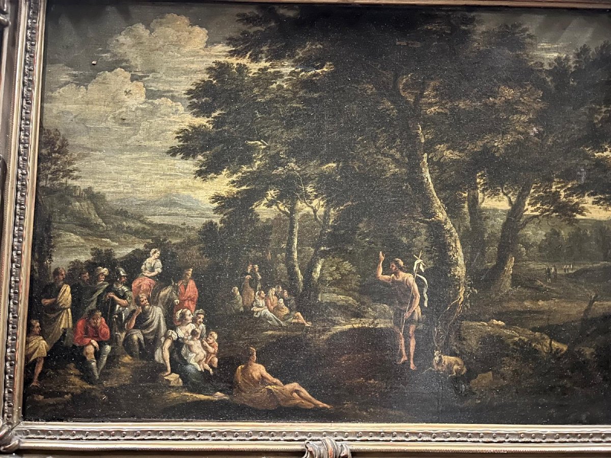 Tableau École Française  la Prédication de Saint Jean - Baptiste dans un Paysage Boisé. -photo-2