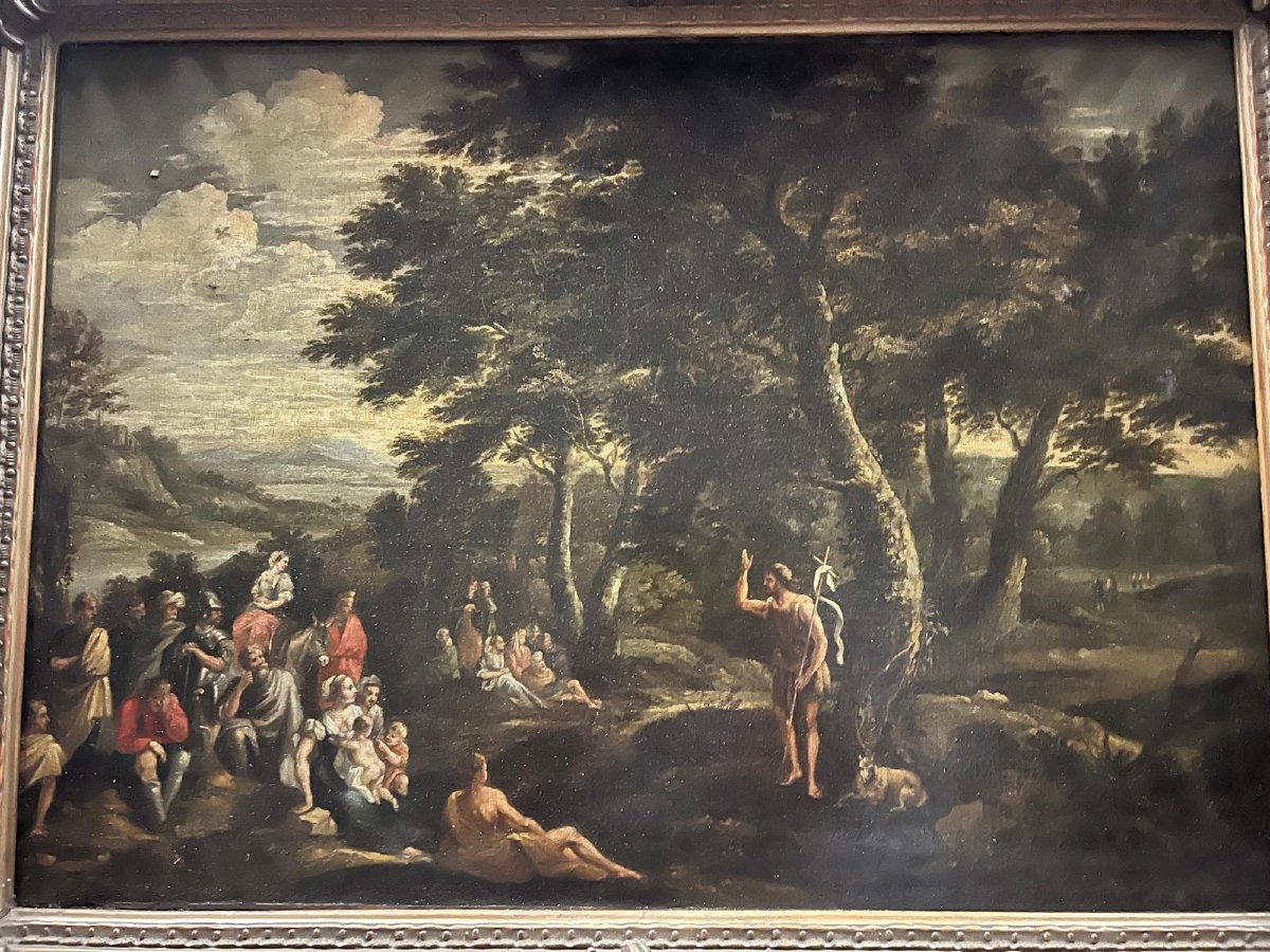Tableau École Française  la Prédication de Saint Jean - Baptiste dans un Paysage Boisé. -photo-3