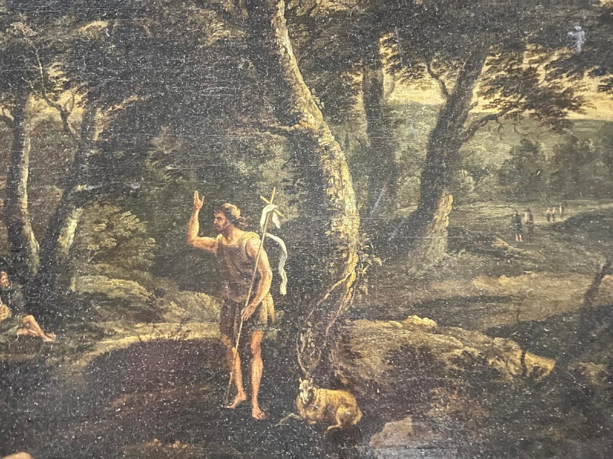 Tableau École Française  la Prédication de Saint Jean - Baptiste dans un Paysage Boisé. -photo-4