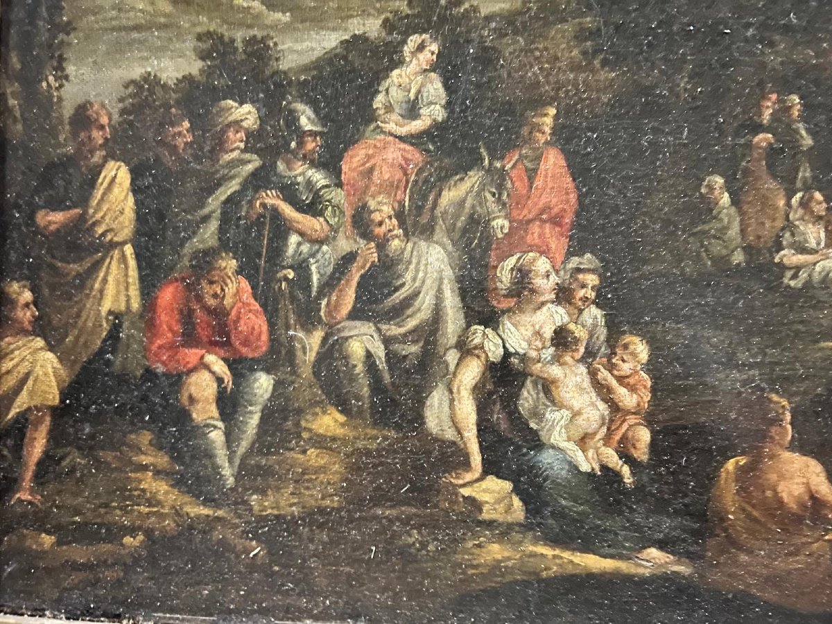 Tableau École Française  la Prédication de Saint Jean - Baptiste dans un Paysage Boisé. -photo-1