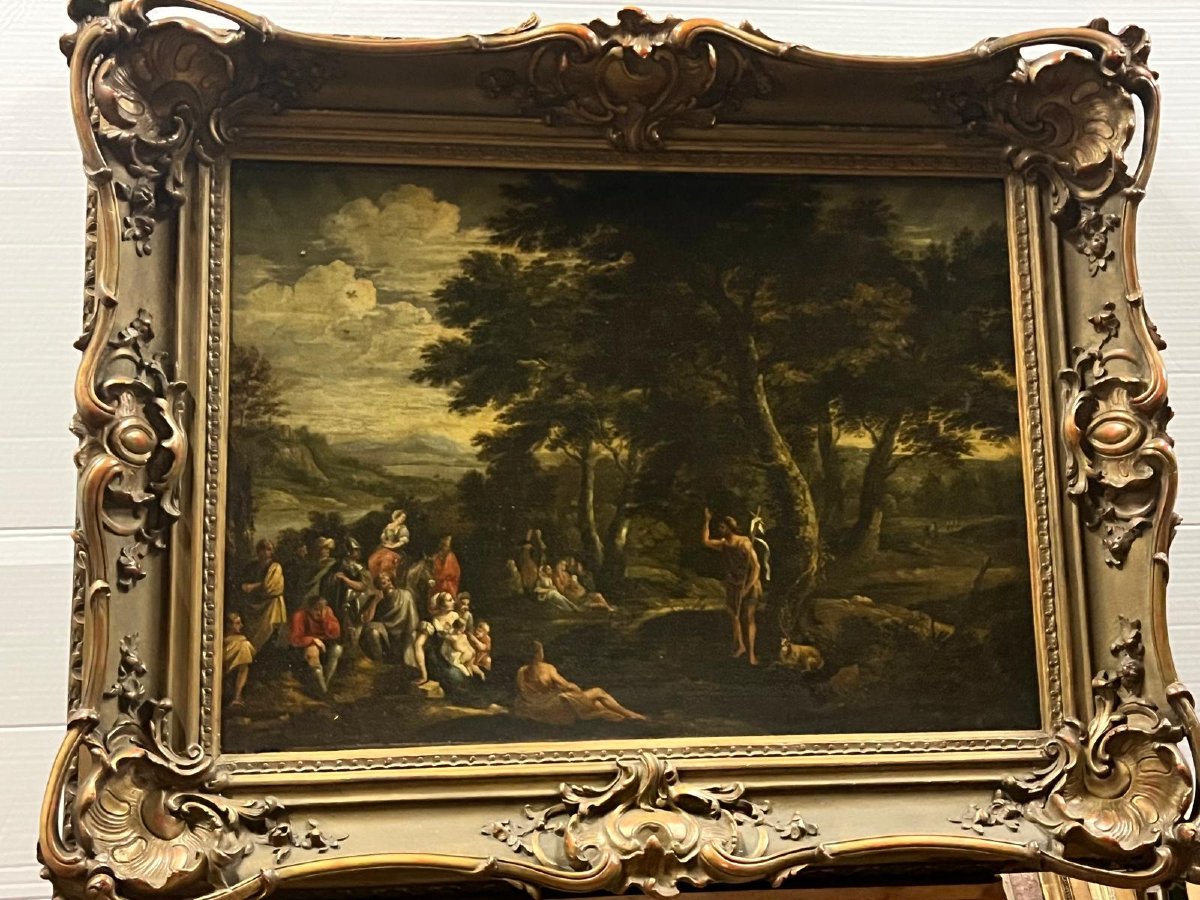 Tableau École Française  la Prédication de Saint Jean - Baptiste dans un Paysage Boisé. 