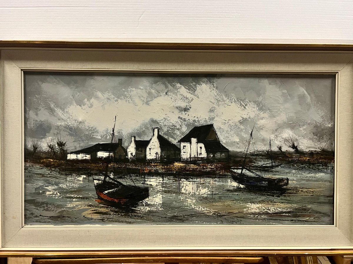 Painting: "seaside In Brittany" By A Follower Of Bernard Buffet, Signed "dorval." -photo-3