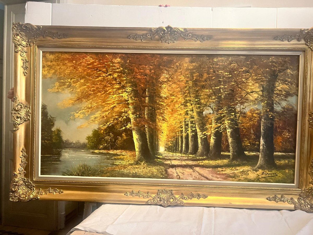 Tableau  grand  Paysage d'automne Signé  Brenner Huile sur toile. -photo-2